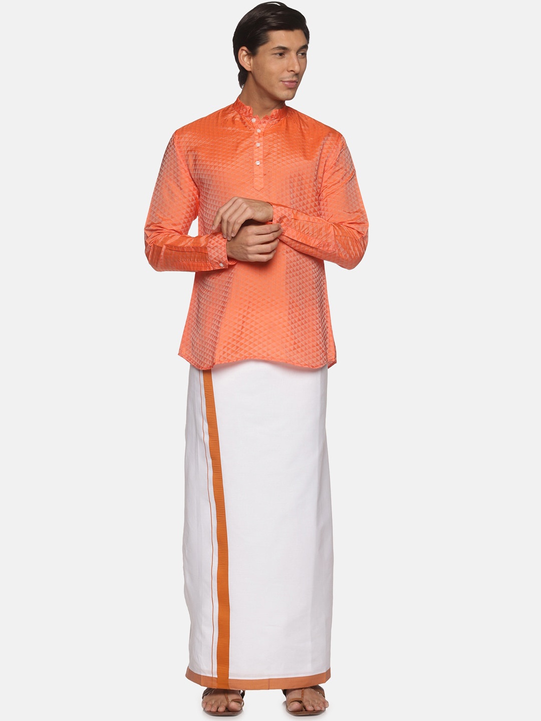 

Sethukrishna Men Orange Kurta With Veshti