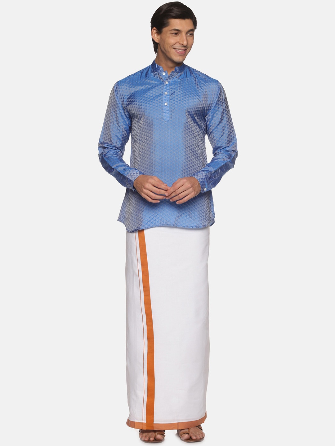 

Sethukrishna Men Blue Striped Kurta with Pyjamas