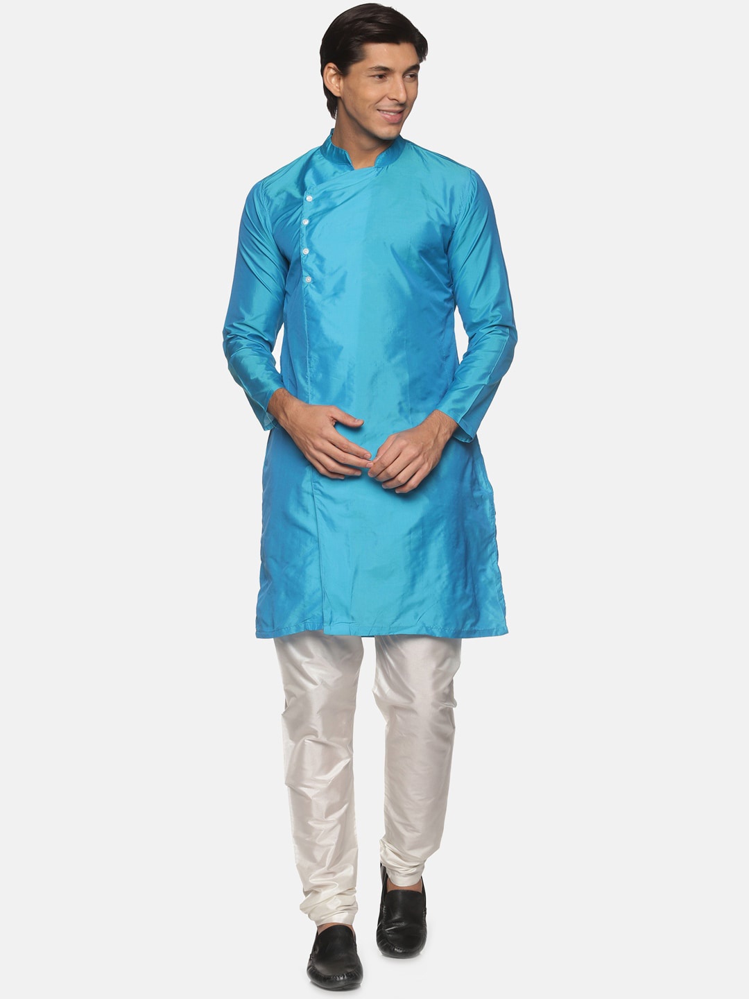 

Sethukrishna Men Turquoise Blue Angrakha Kurta with Pyjamas