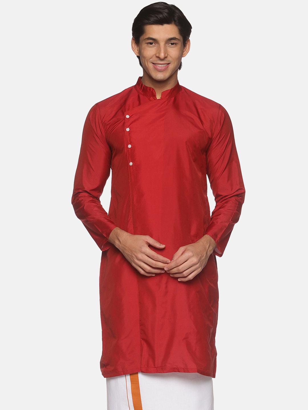 

Sethukrishna Men Maroon Solid Mandarin Neck Handloom Art Silk Straight Kurta