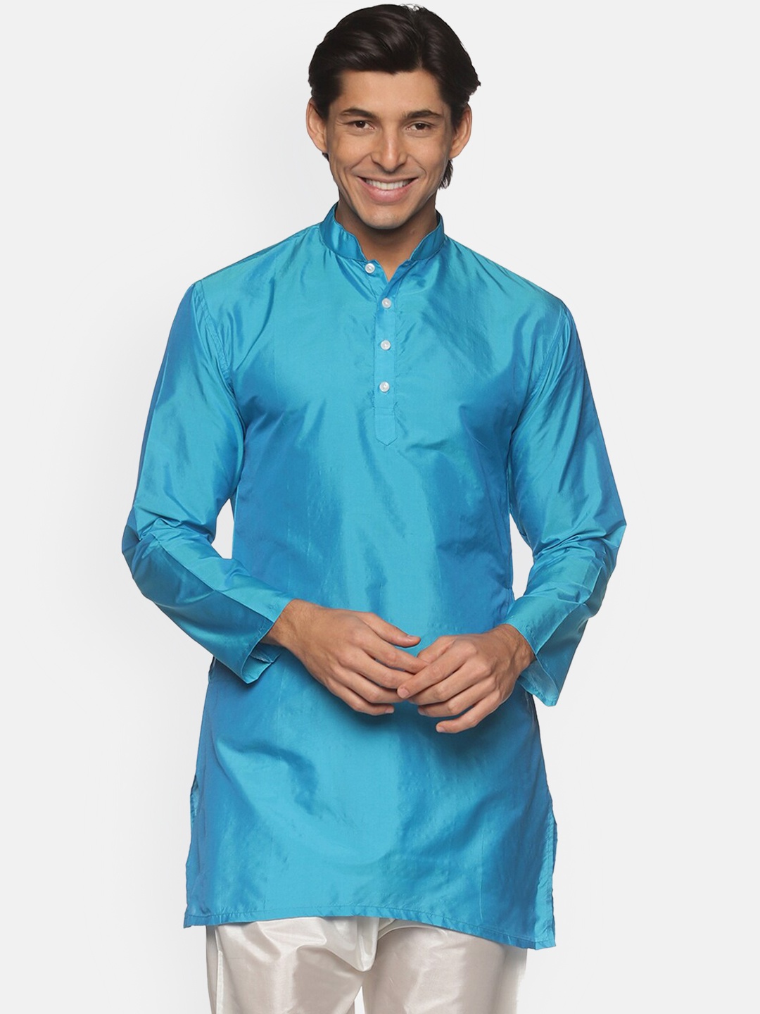 

Sethukrishna Men Turquoise Blue Chikankari Handloom Kurta