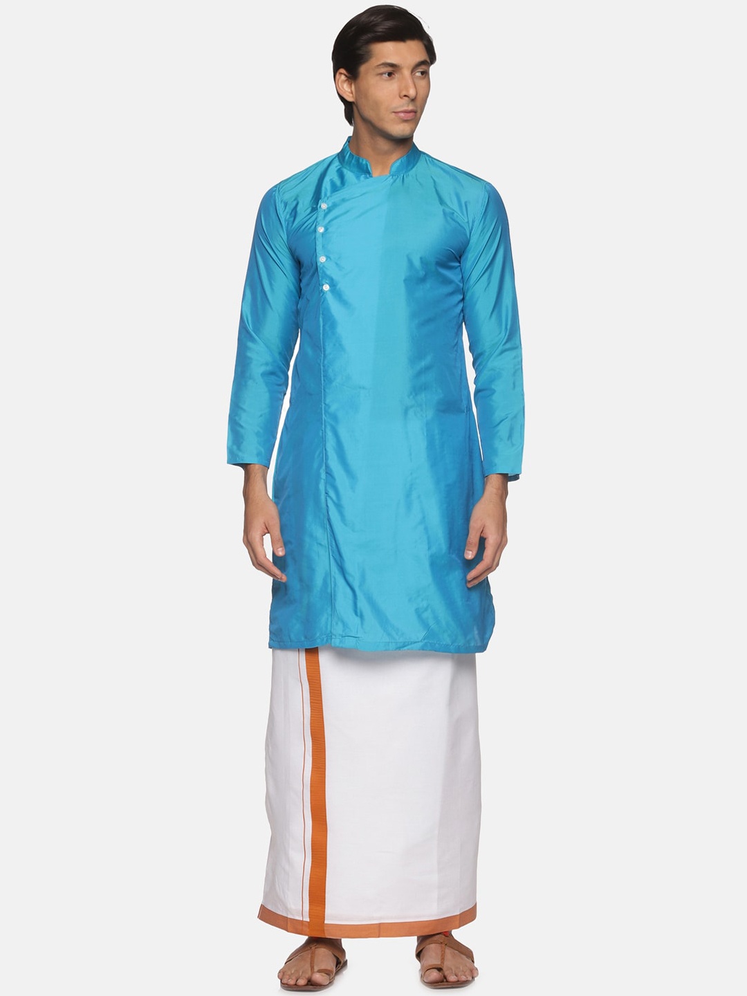 

Sethukrishna Men Turquoise Blue Angrakha Kurta with Dhoti
