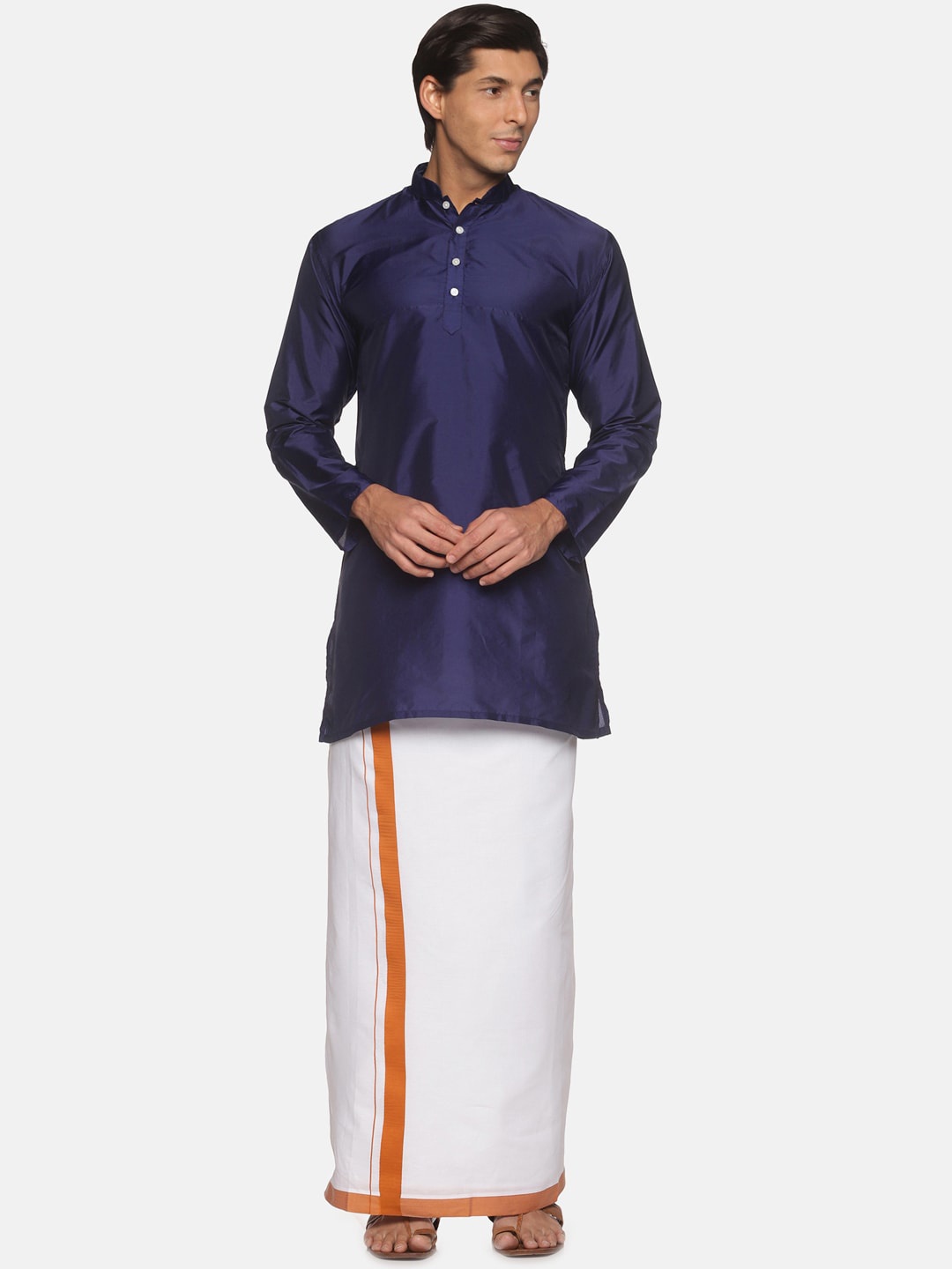 

Sethukrishna Men Navy Blue Striped Kurta with Pyjamas