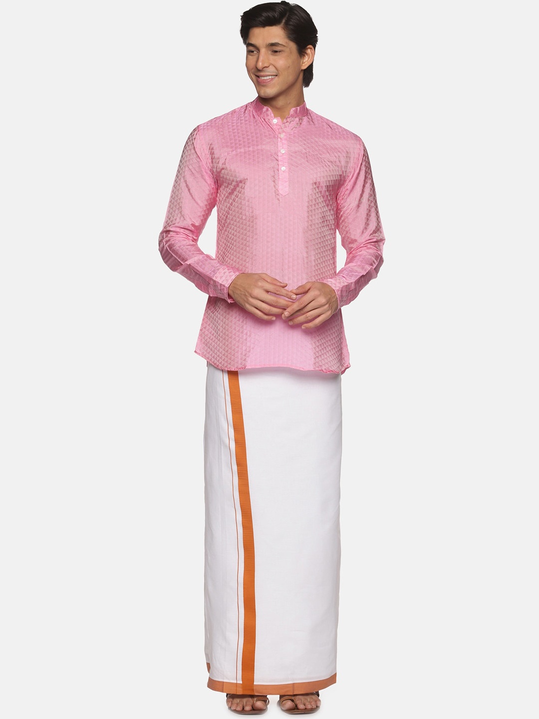 

Sethukrishna Men Pink Striped Kurta with Skirt