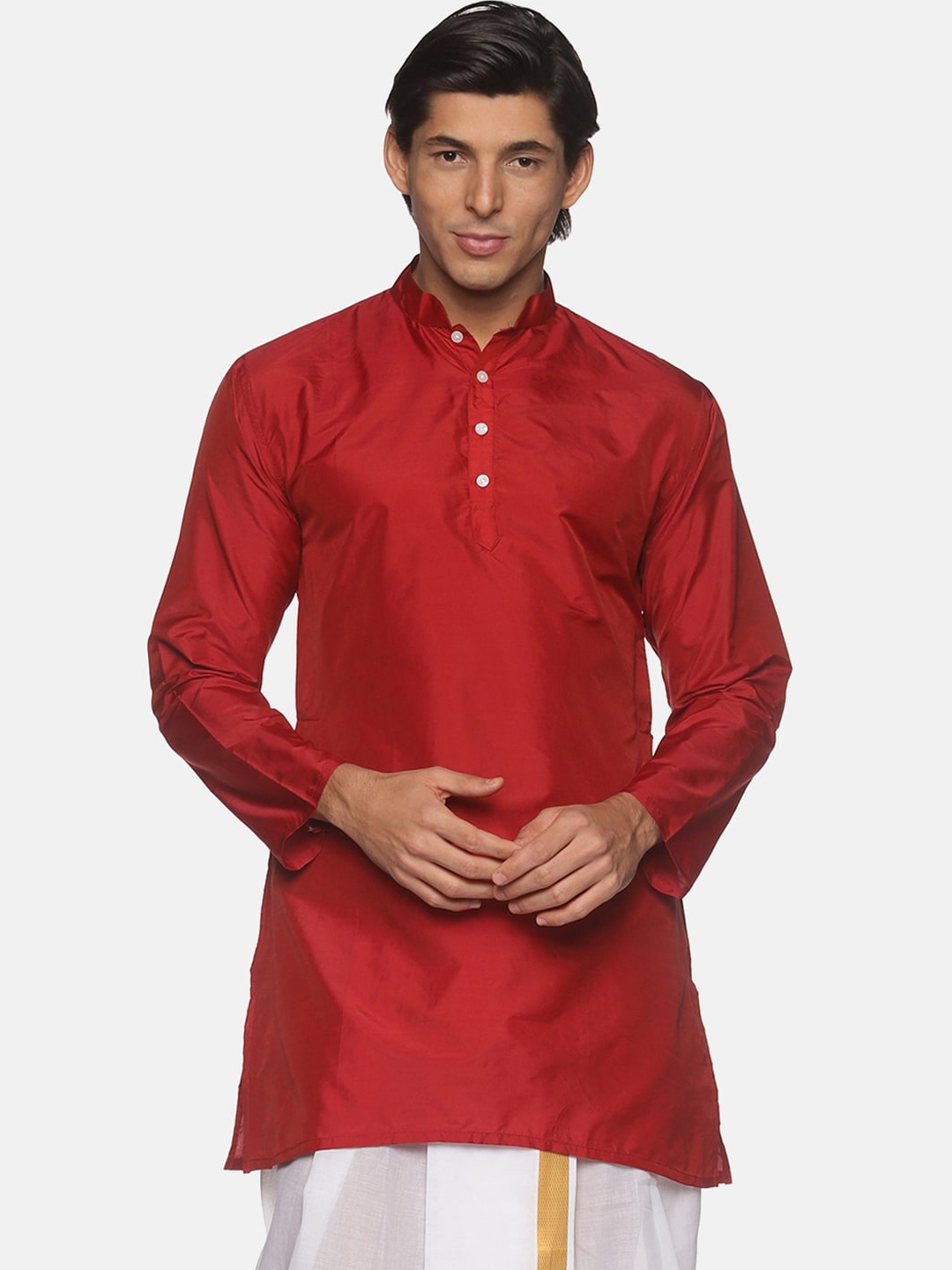 

Sethukrishna Men Maroon Flared Sleeves Thread Work Handloom Kurta