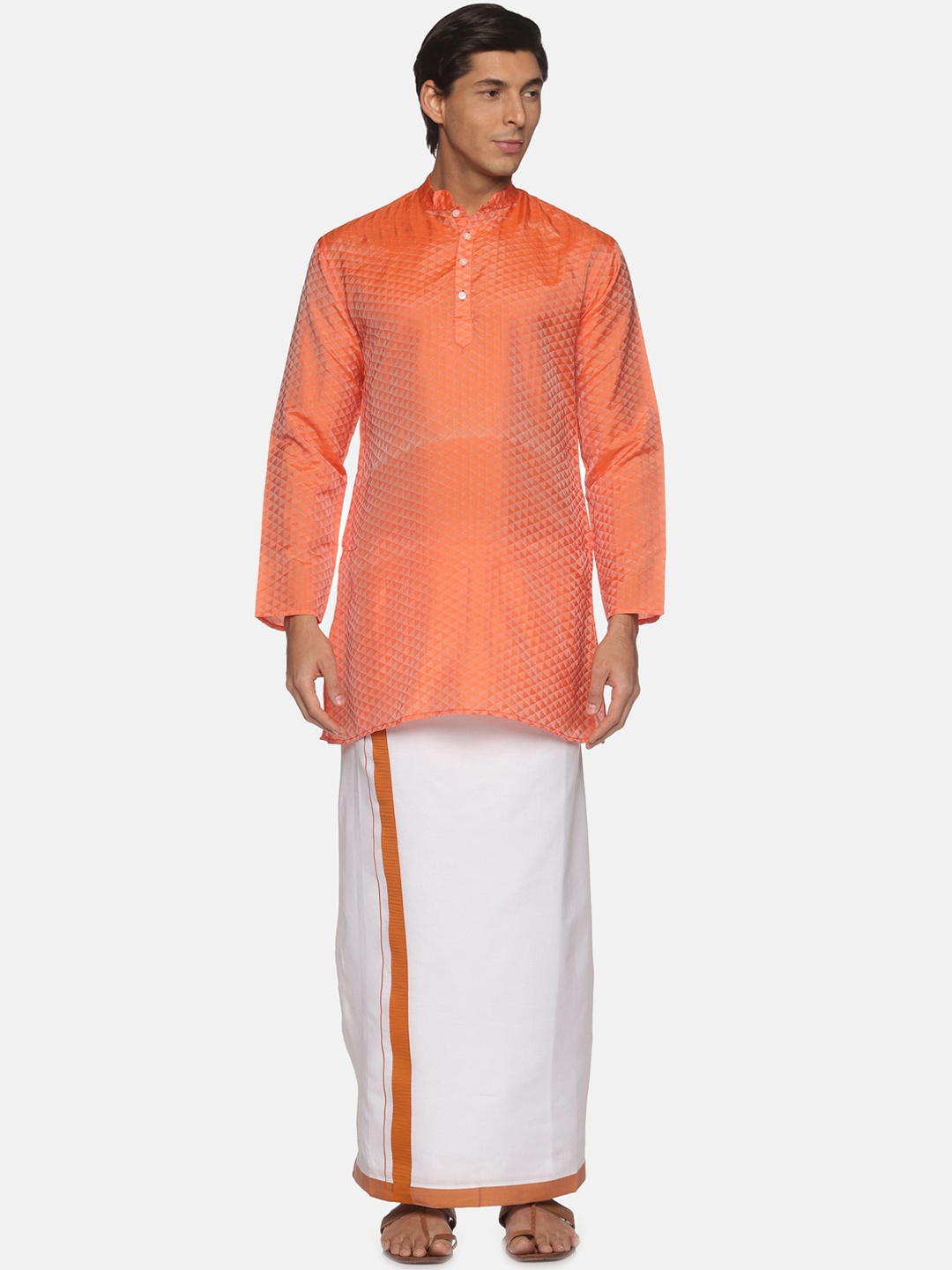 

Sethukrishna Men Orange Kurta With Veshti