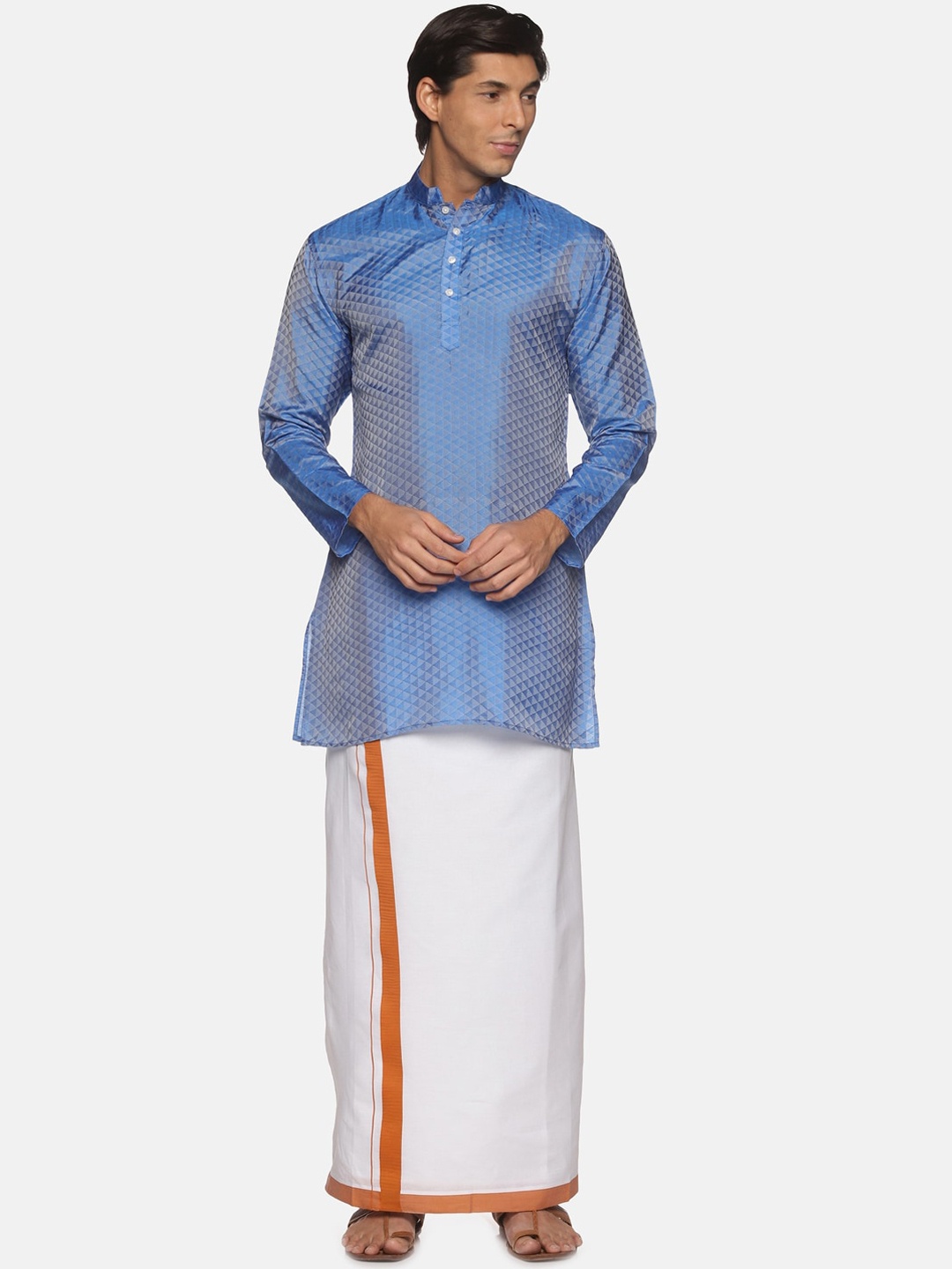 

Sethukrishna Men Blue Self Design Art Silk Kurta with Dhoti Set