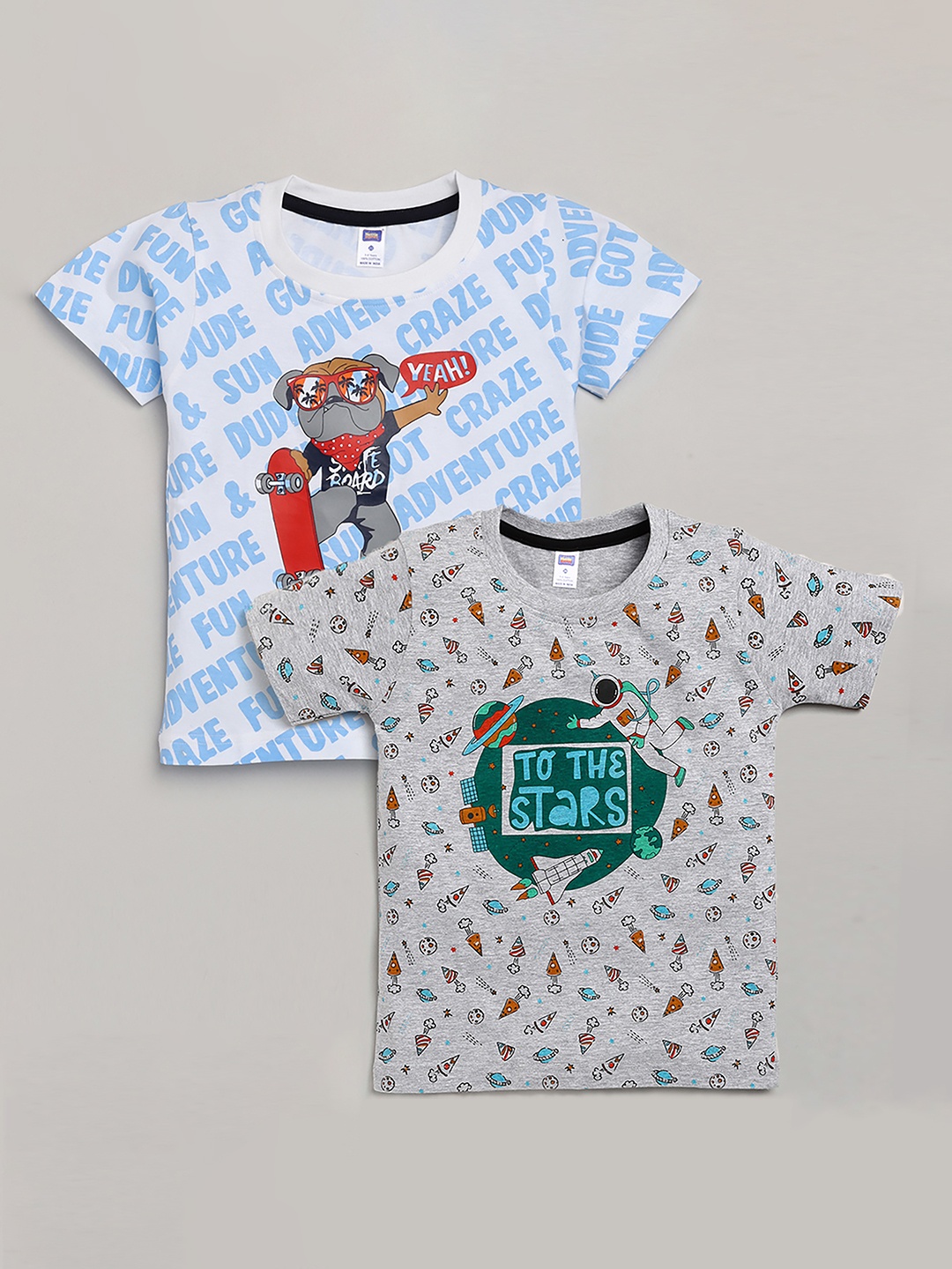 

Nottie Planet Boys Grey & Blue Typography Set Of 2 Printed T-shirt