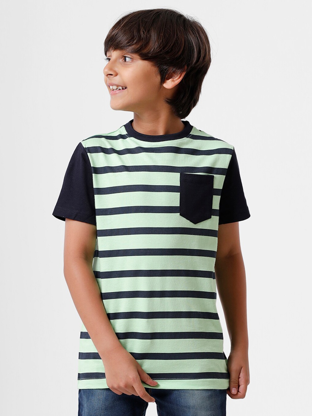 

PIPIN Boys Green & Navy Blue Striped Pure Cotton T-shirt