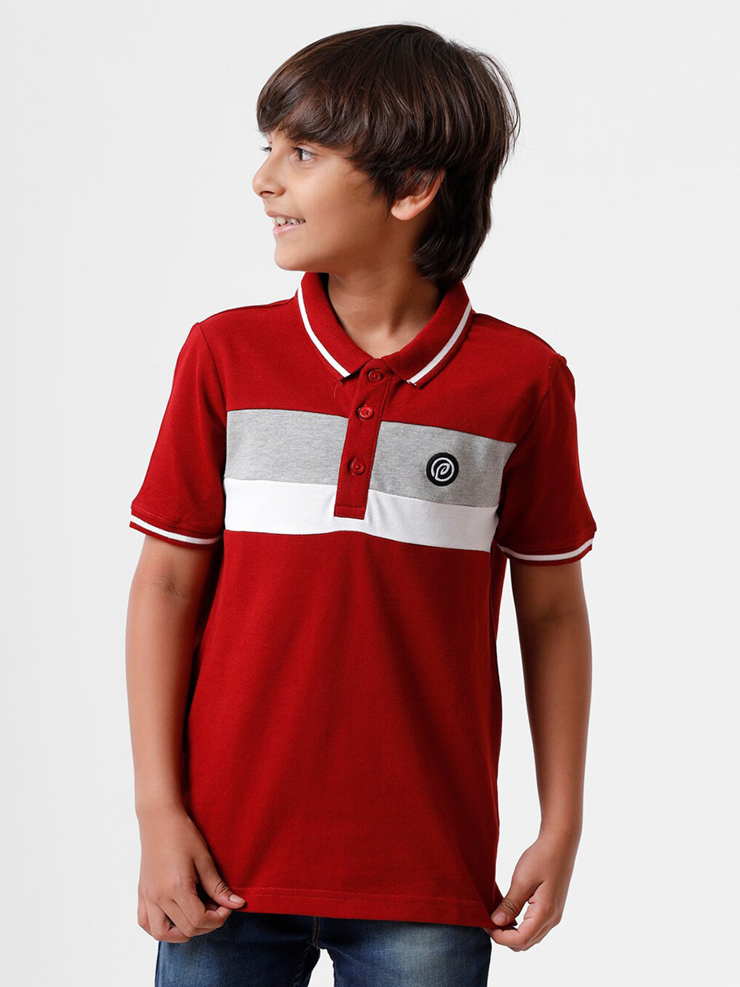 

PIPIN Boys Maroon Colourblocked Polo Collar Cotton T-shirt