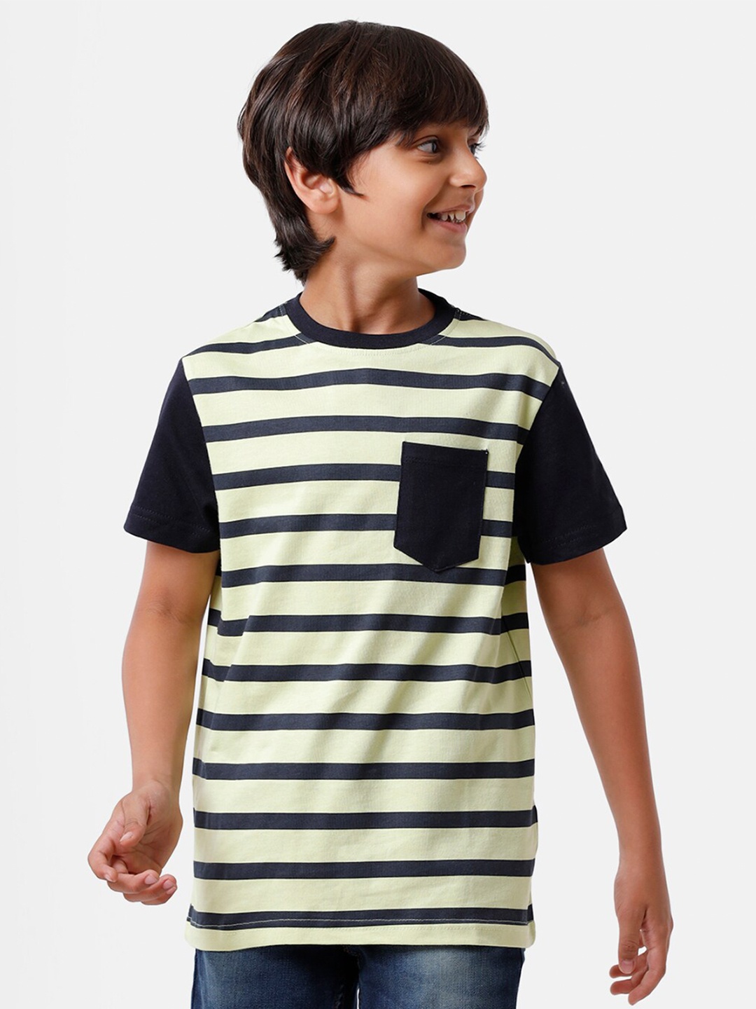 

PIPIN Boys Green & Black Striped Pure Cotton T-shirt