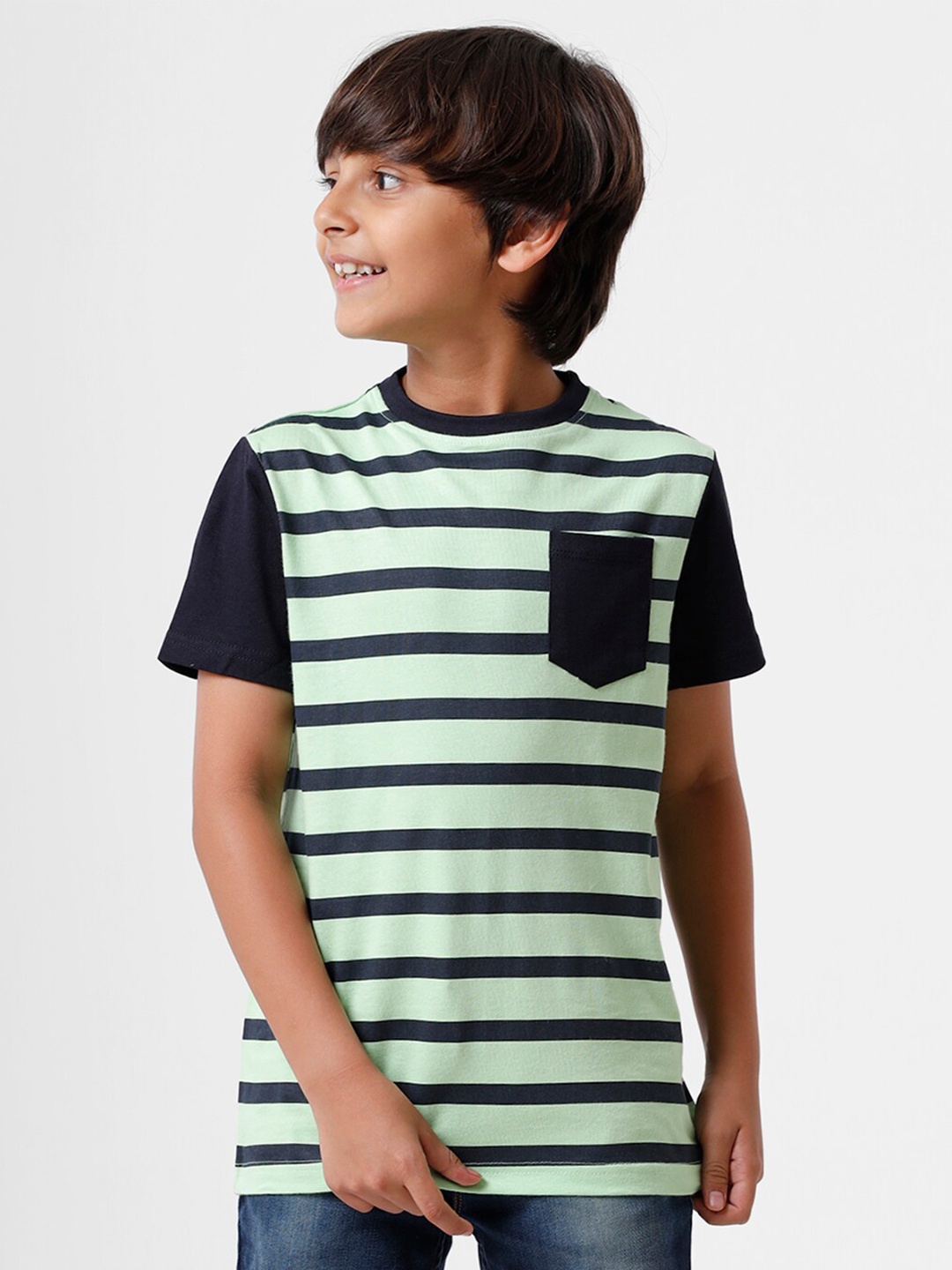 

PIPIN Boys Green & Navy Blue Striped Pure Cotton T-shirt