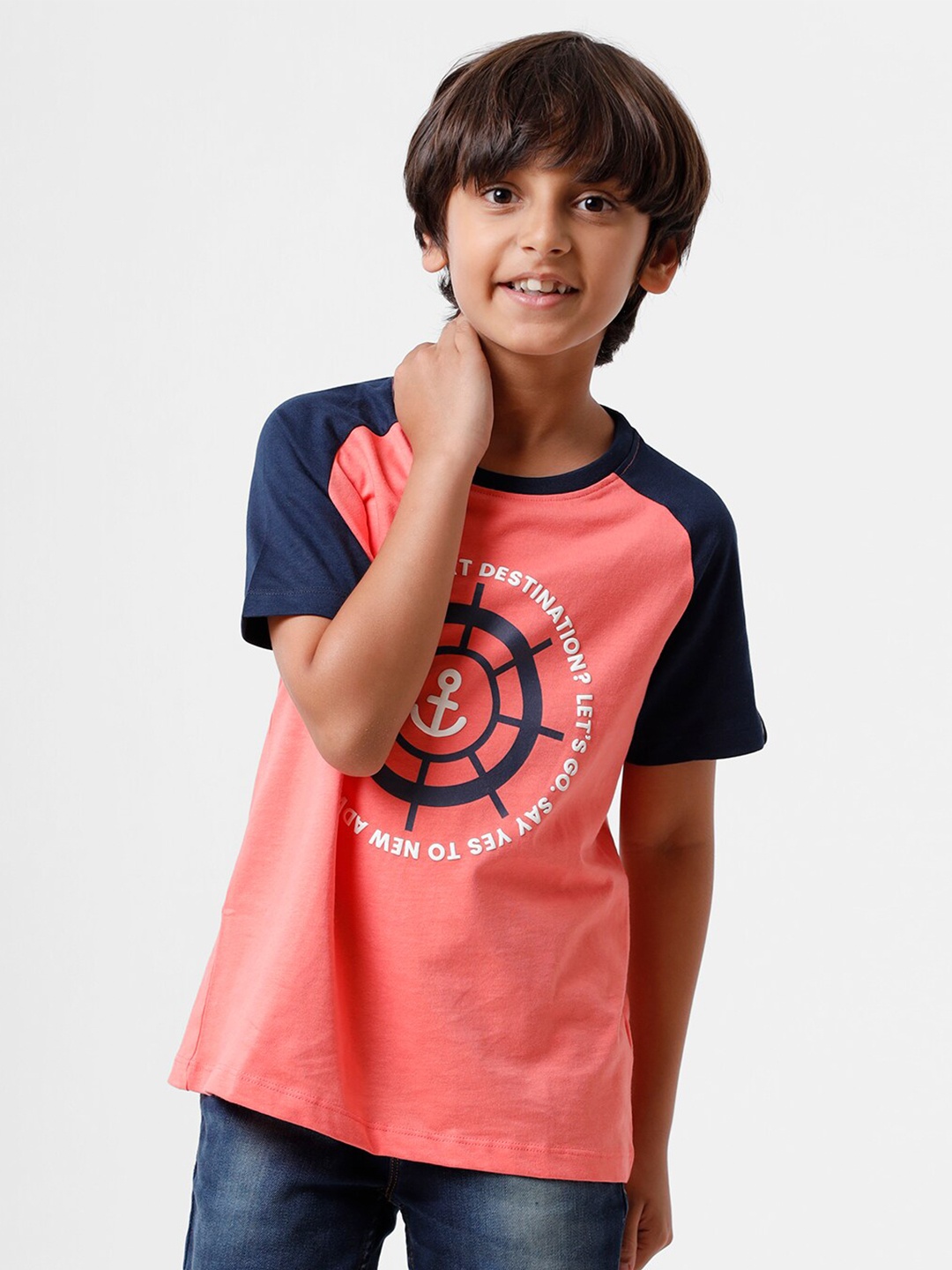 

PIPIN Boys Peach-Coloured & Navy Blue Printed Pure Cotton T-shirt