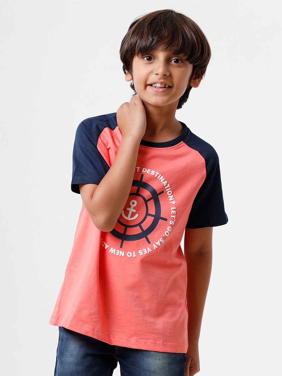 

PIPIN Boys Peach-Coloured & Navy Blue Printed Cotton T-shirt