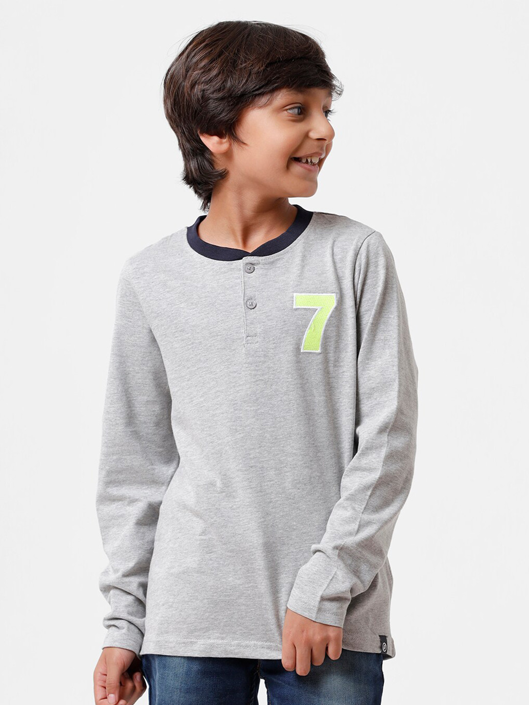 

PIPIN Boys Grey Melange Henley Neck Pure Cotton T-shirt