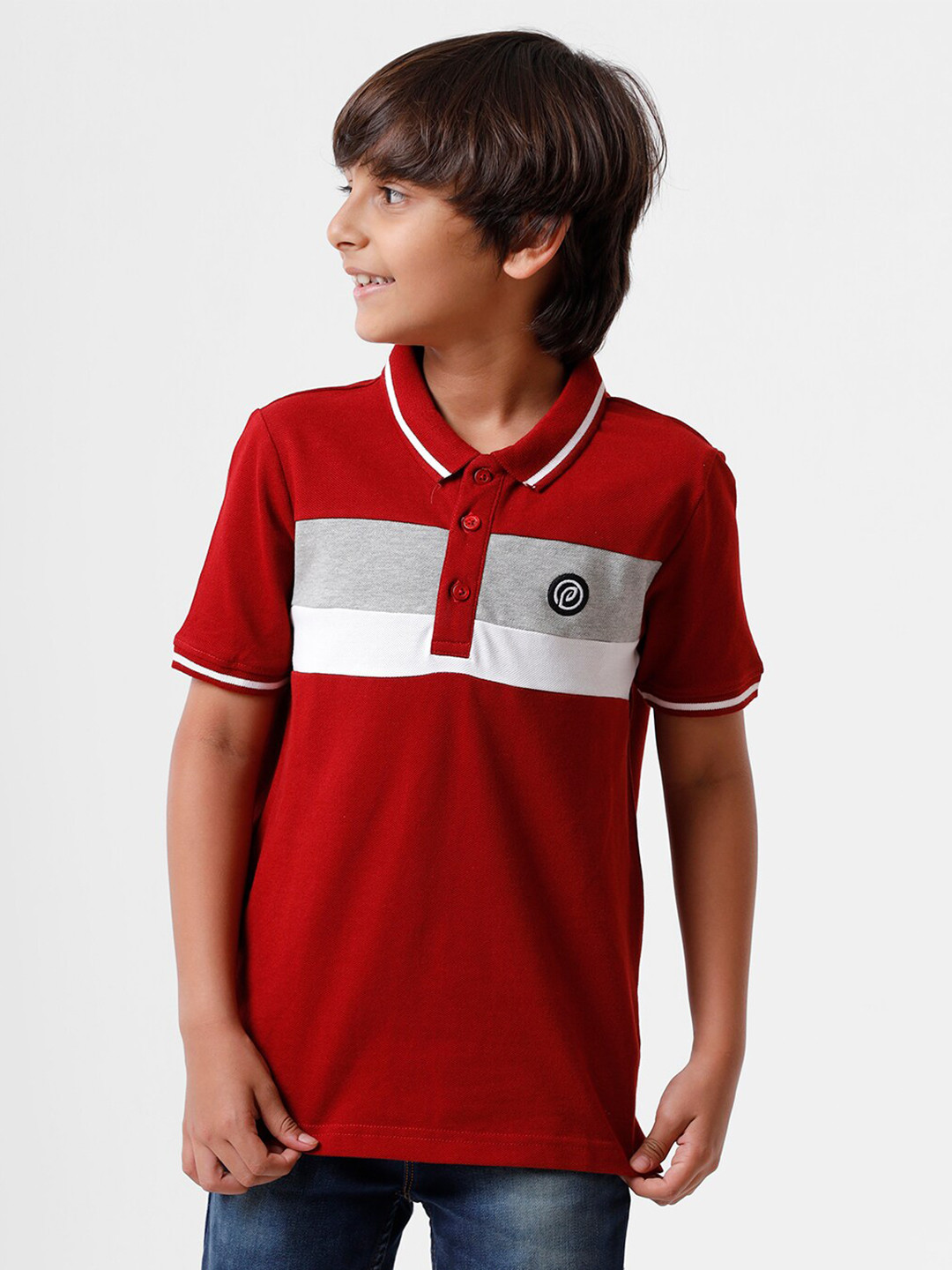 

PIPIN Boys Maroon Striped Polo Collar Cotton T-shirt