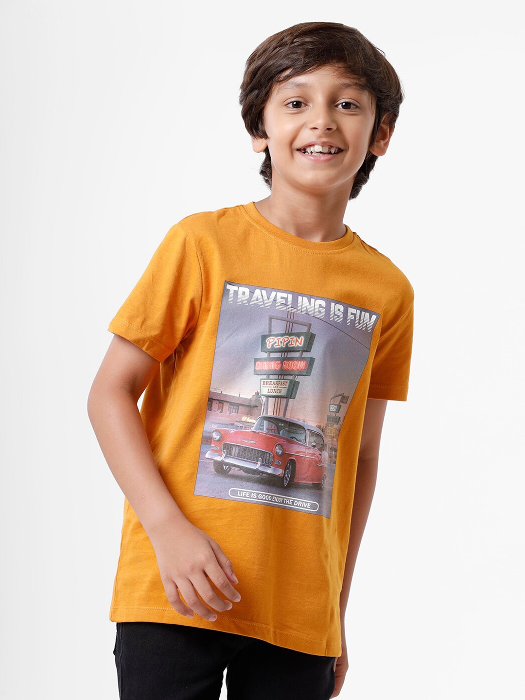 

PIPIN Boys Mustard Yellow & Grey Printed Pure Cotton T-shirt