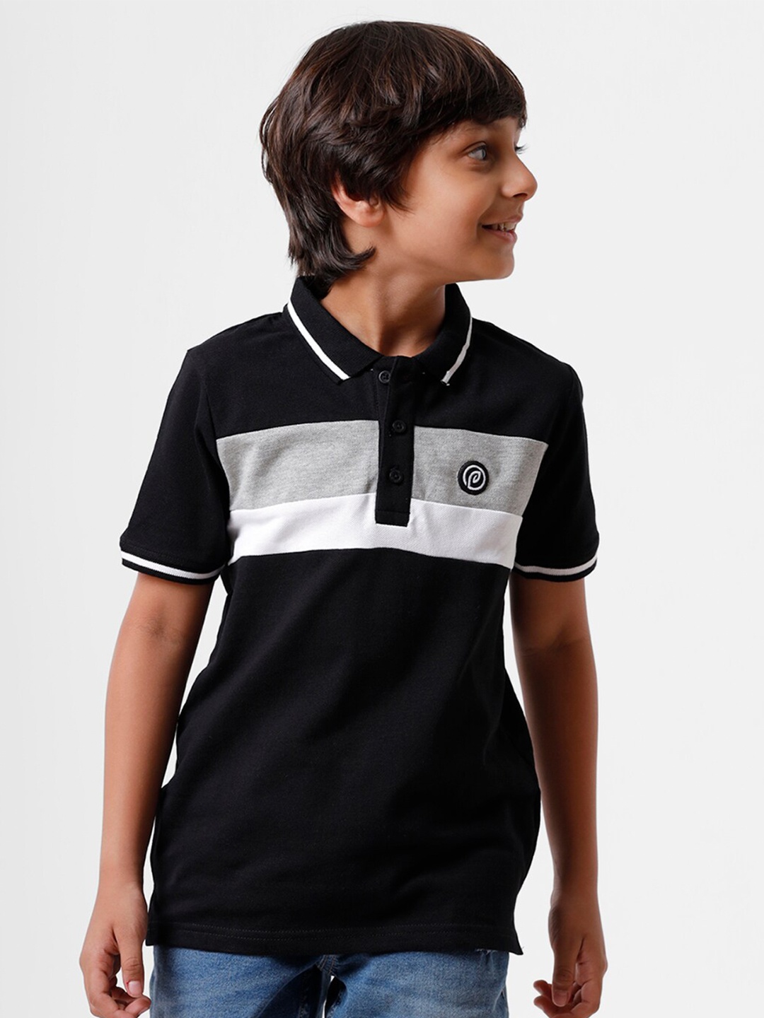 

PIPIN Boys Black & White Colourblocked Polo Collar Pure Cotton T-shirt