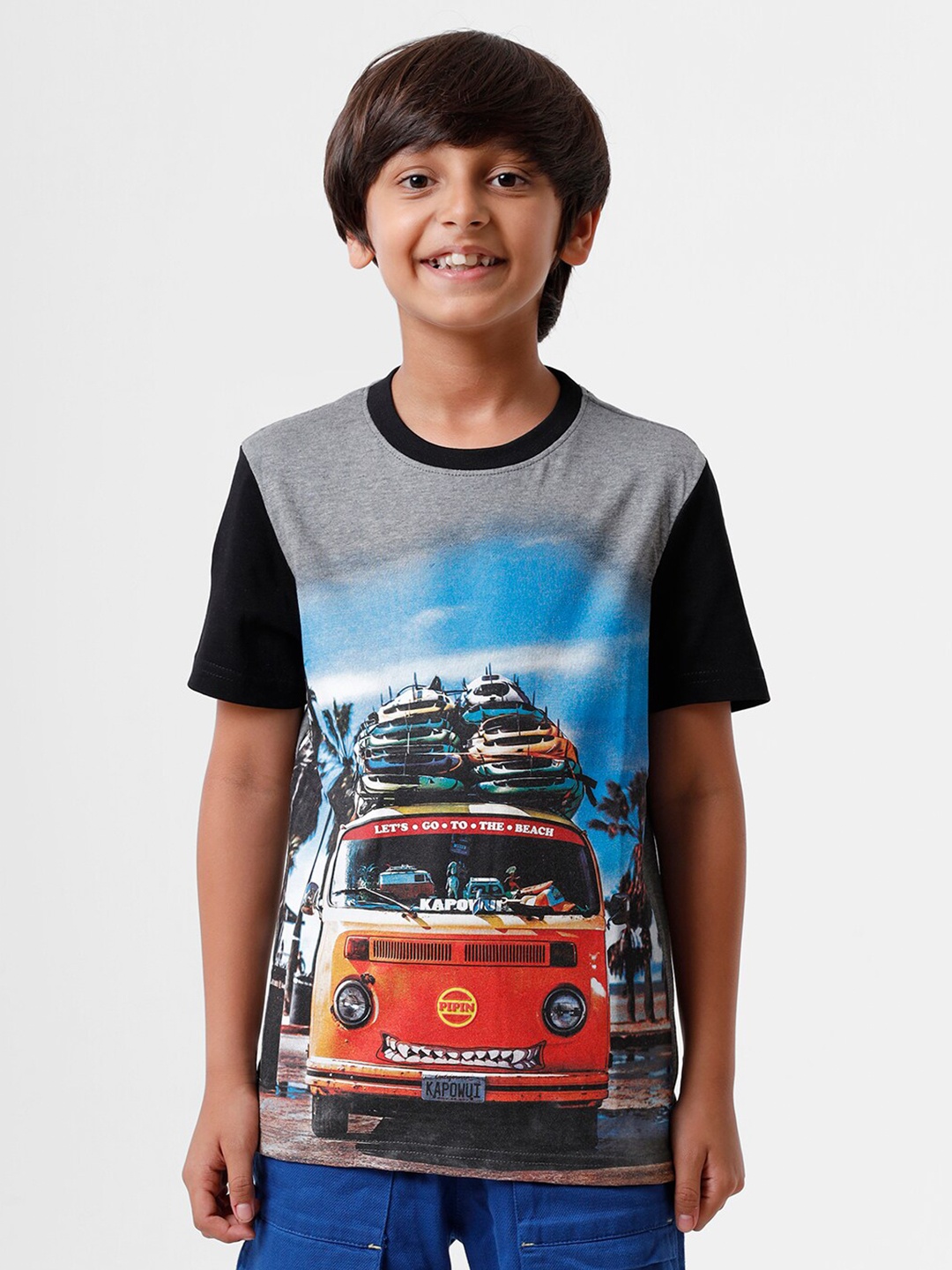 

PIPIN Boys Grey Melange & Blue Printed T-shirt