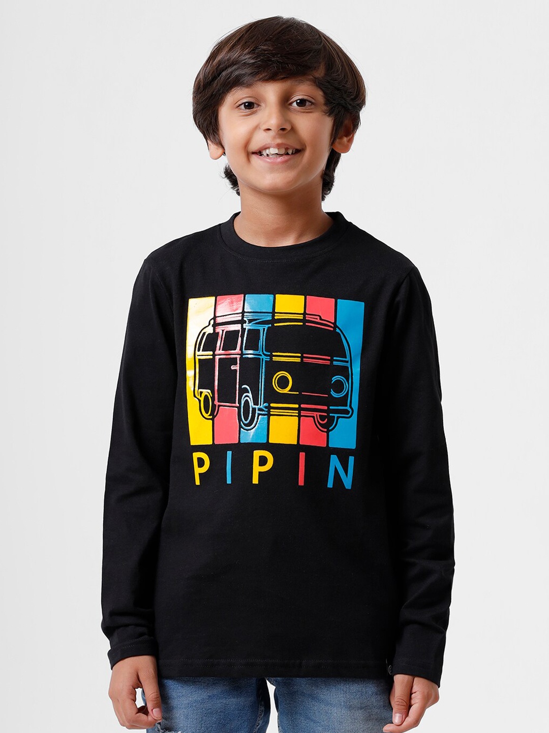 

PIPIN Boys Black Printed Pure Cotton T-shirt