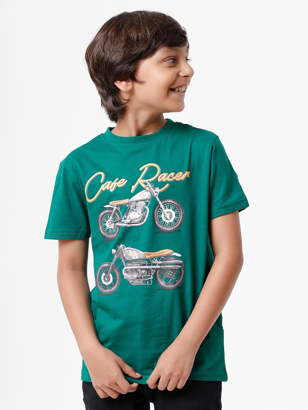 

PIPIN Boys Green & Yellow Printed Pure Cotton T-shirt