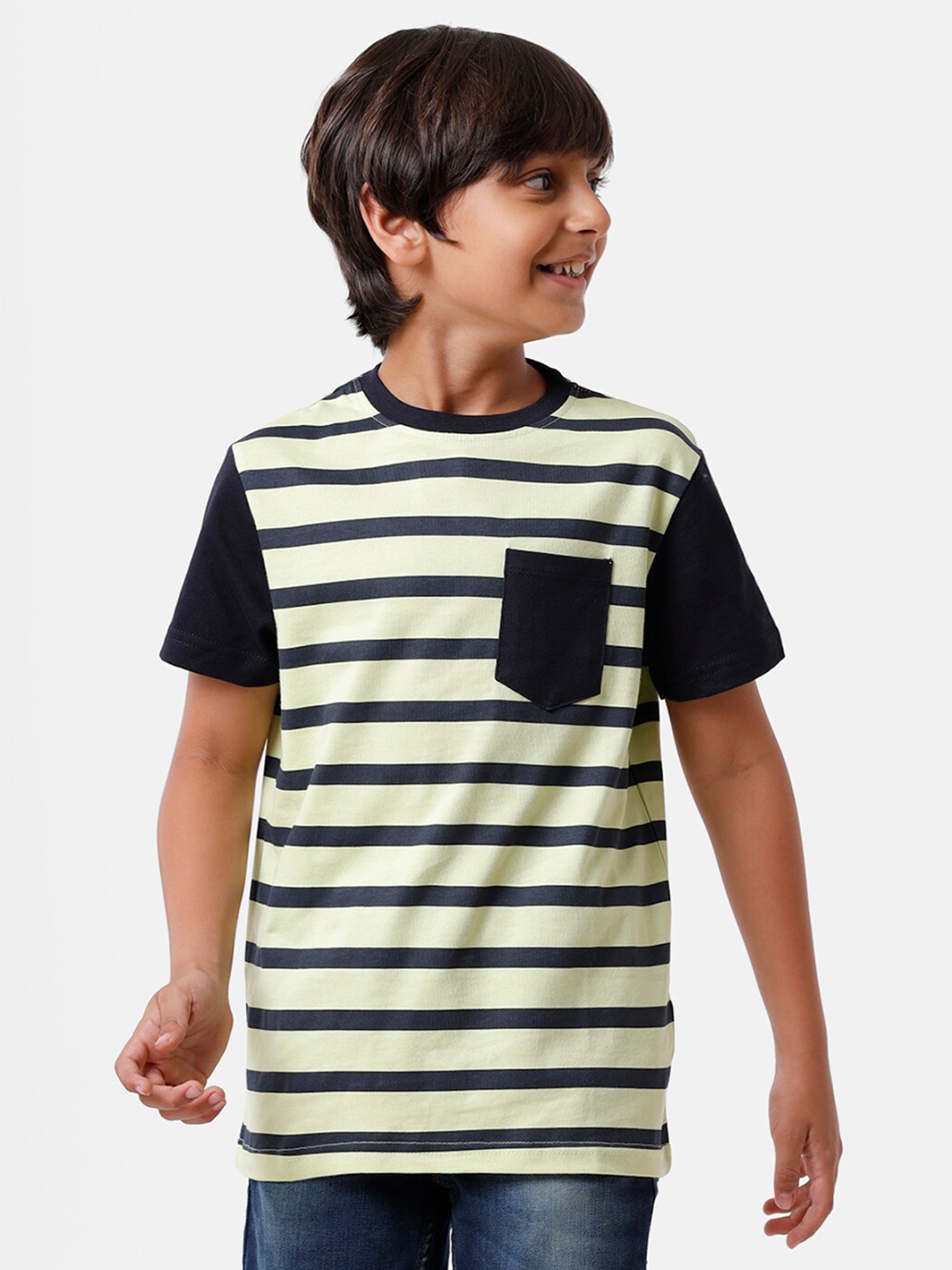 

PIPIN Boys Green & Black Striped Pure Cotton T-shirt
