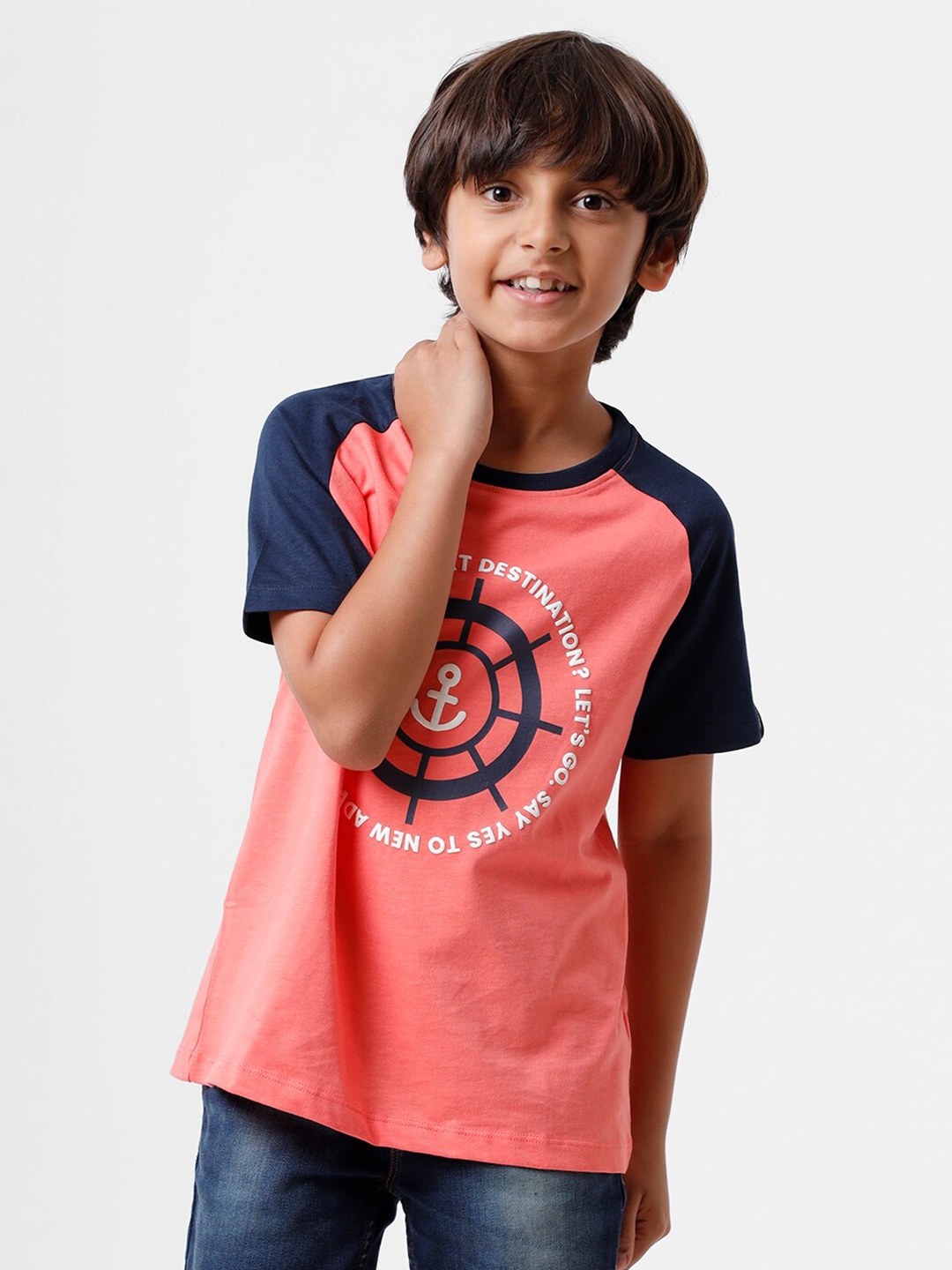 

PIPIN Boys Peach-Coloured Printed Cotton T-shirt