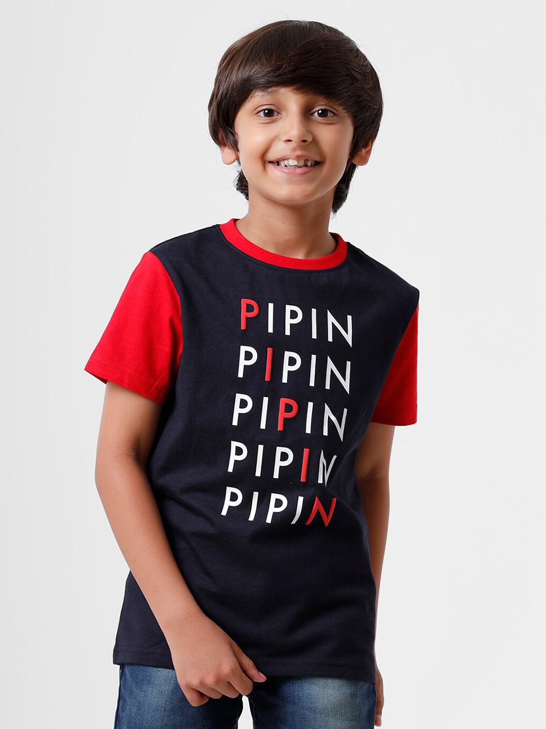 

PIPIN Boys Blue Typography Printed Cotton T-shirt