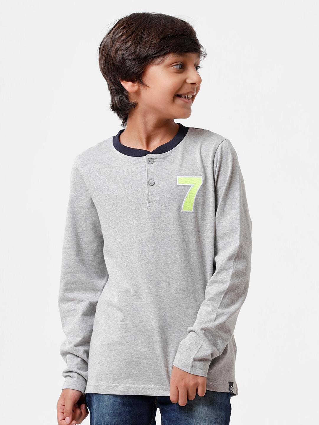 

PIPIN Boys Grey Melange Henley Neck Pure Cotton T-shirt