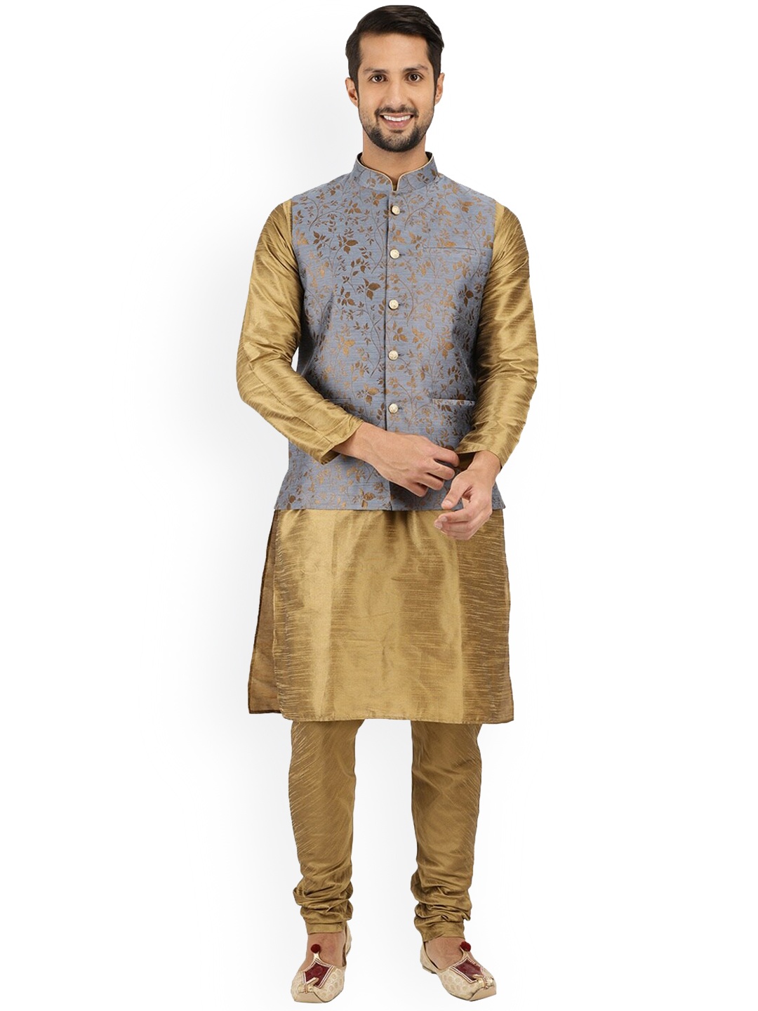 

V-Mart Men Grey Ethnic Motifs Pure Cotton Kurta with Pyjamas & Nehru Jacket
