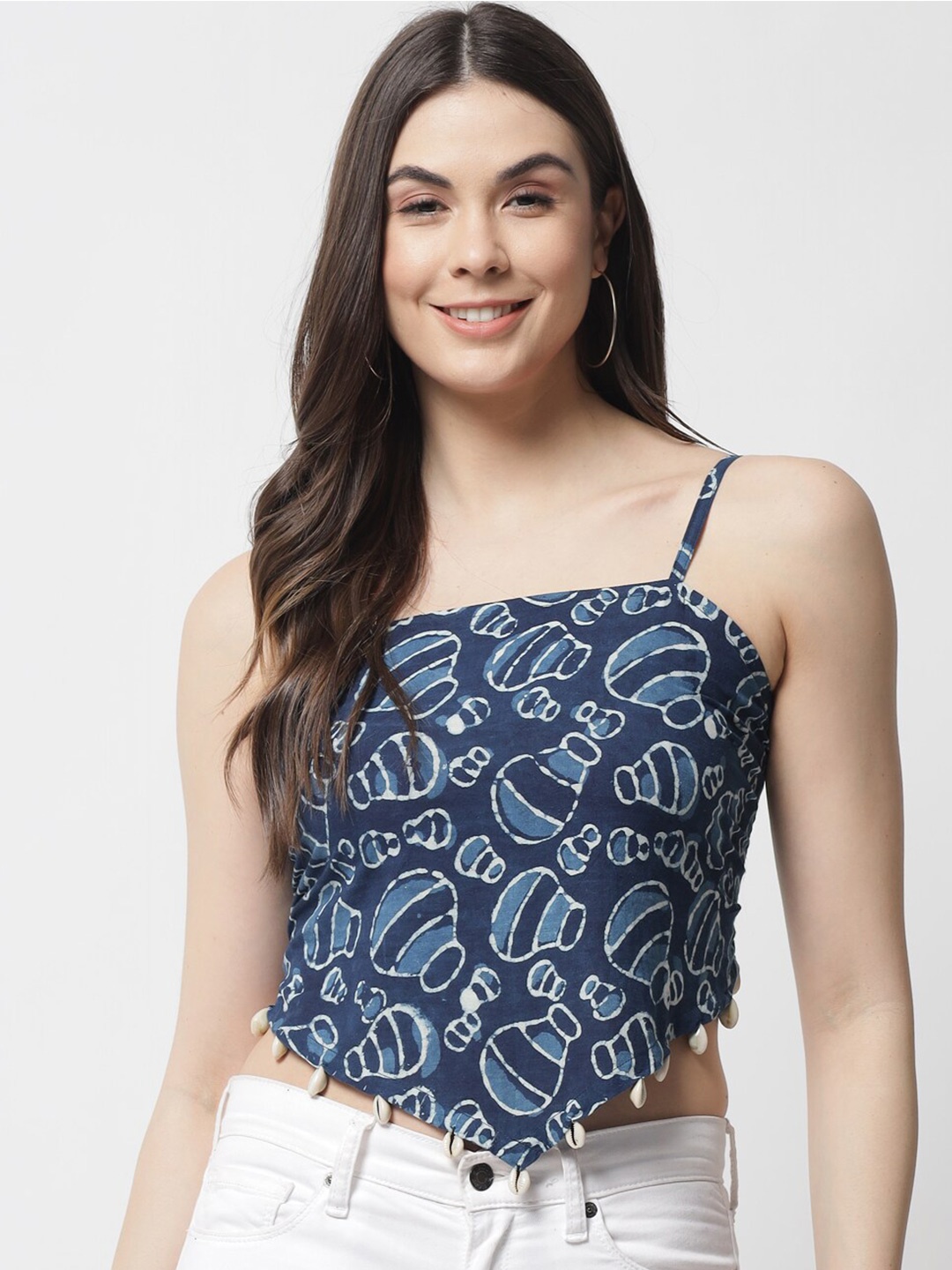 

Popwings Women Blue Print Block Print Cotton Top