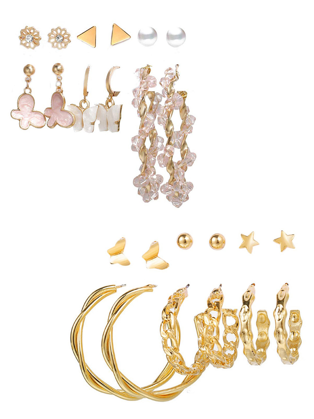

Vembley Gold-Plated Set Of 12 Contemporary Studs & Hoops Earrings