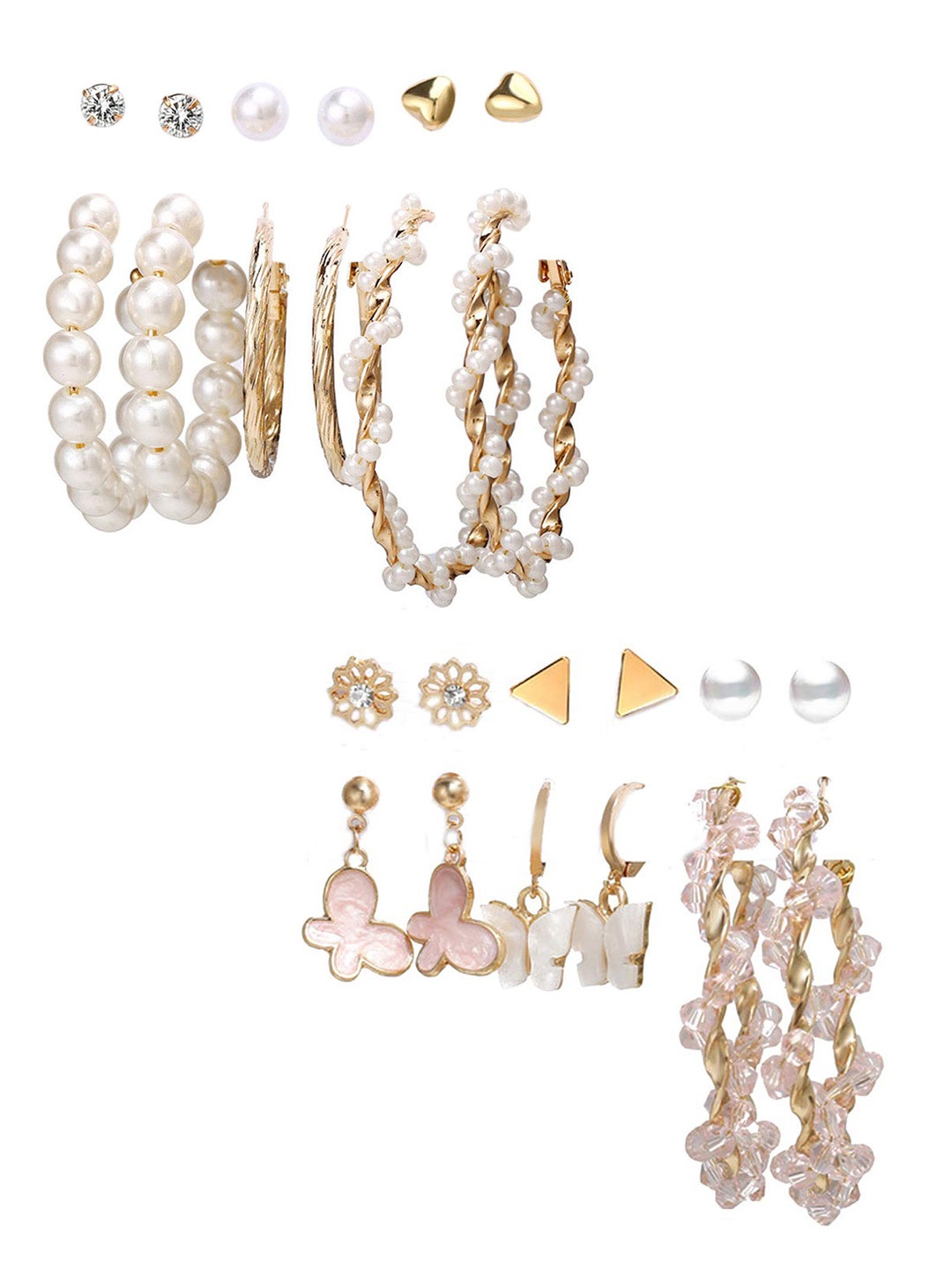 

Vembley Gold-Plated Set Of 12 Contemporary Studs & Hoops Earrings
