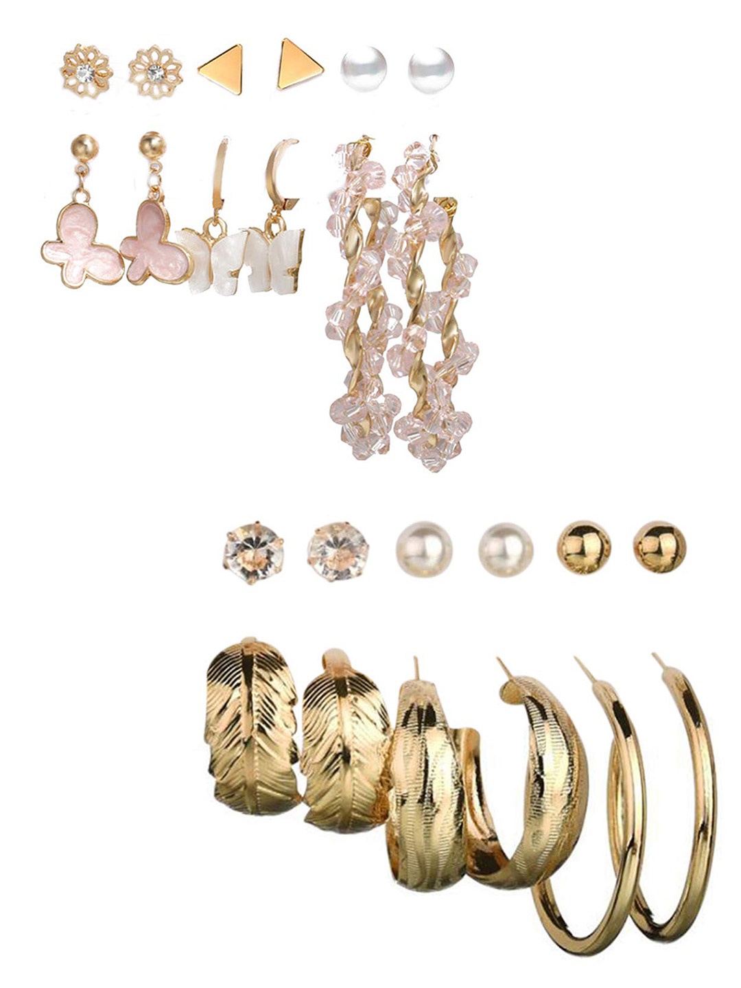 

Vembley Gold-Plated Set Of 12 Contemporary Studs & Hoops Earrings