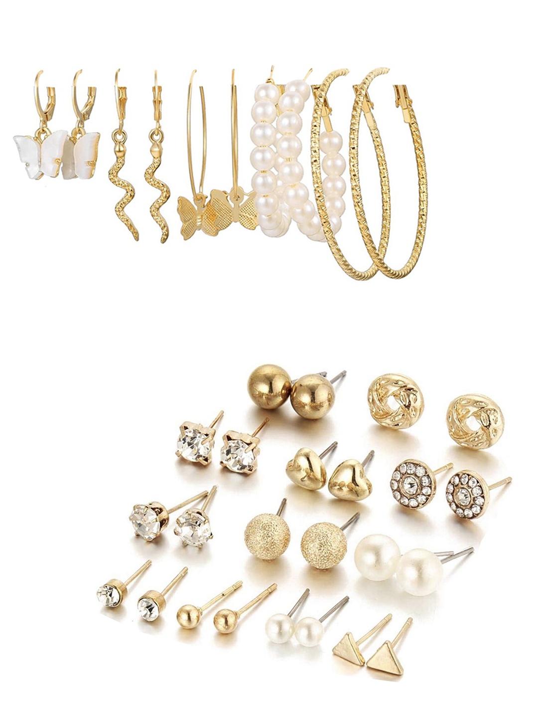 

Vembley Gold-Plated Set Of 17 Contemporary Studs & Hoops Earrings