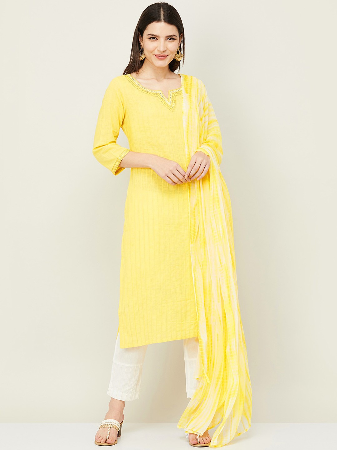 

Melange by Lifestyle Women Yellow Pure Cotton Kurta with Trousers & With Dupatta