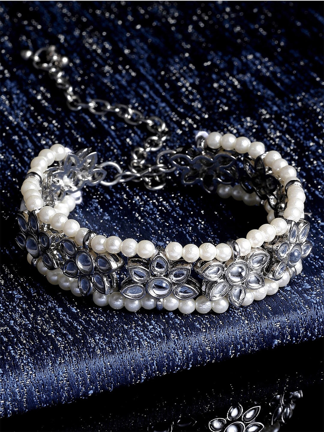 

KARATCART Women Silver-Toned & White Kundan Silver-Plated Wraparound Bracelet