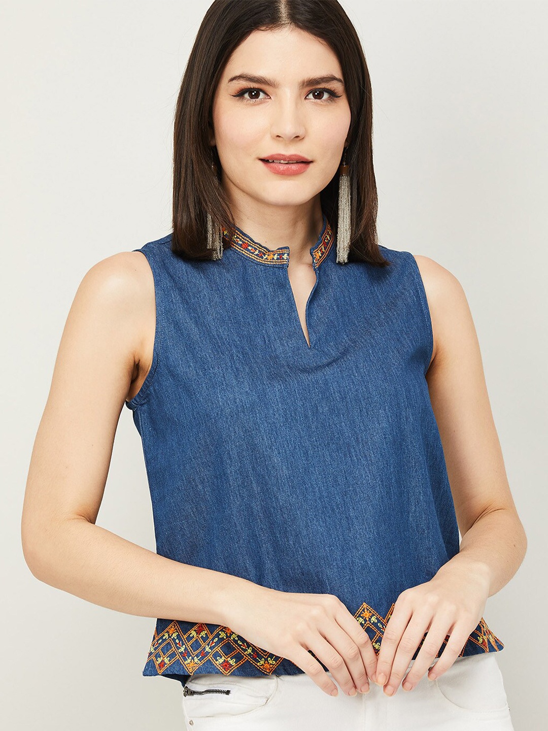 

Colour Me by Melange Blue Mandarin Collar Top