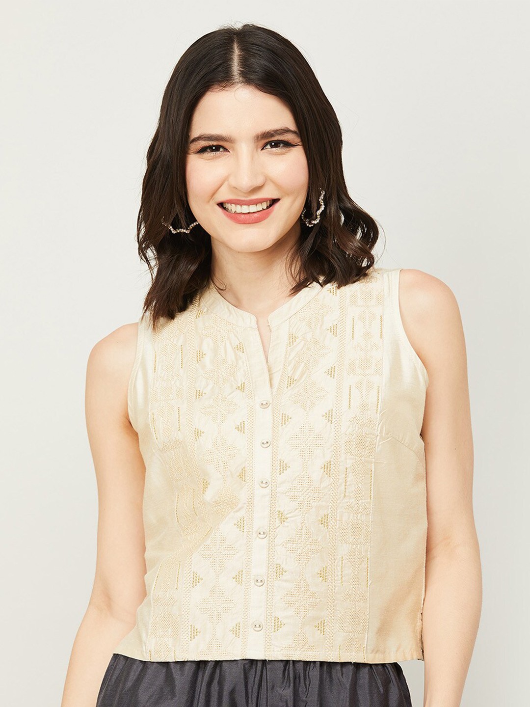 

Melange by Lifestyle Beige Mandarin Collar Top