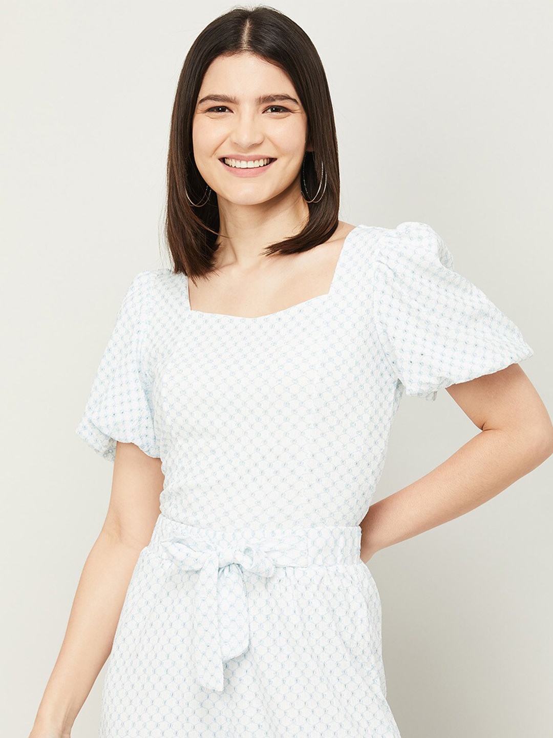 

CODE by Lifestyle Women White & Blue Cinched Waist Top