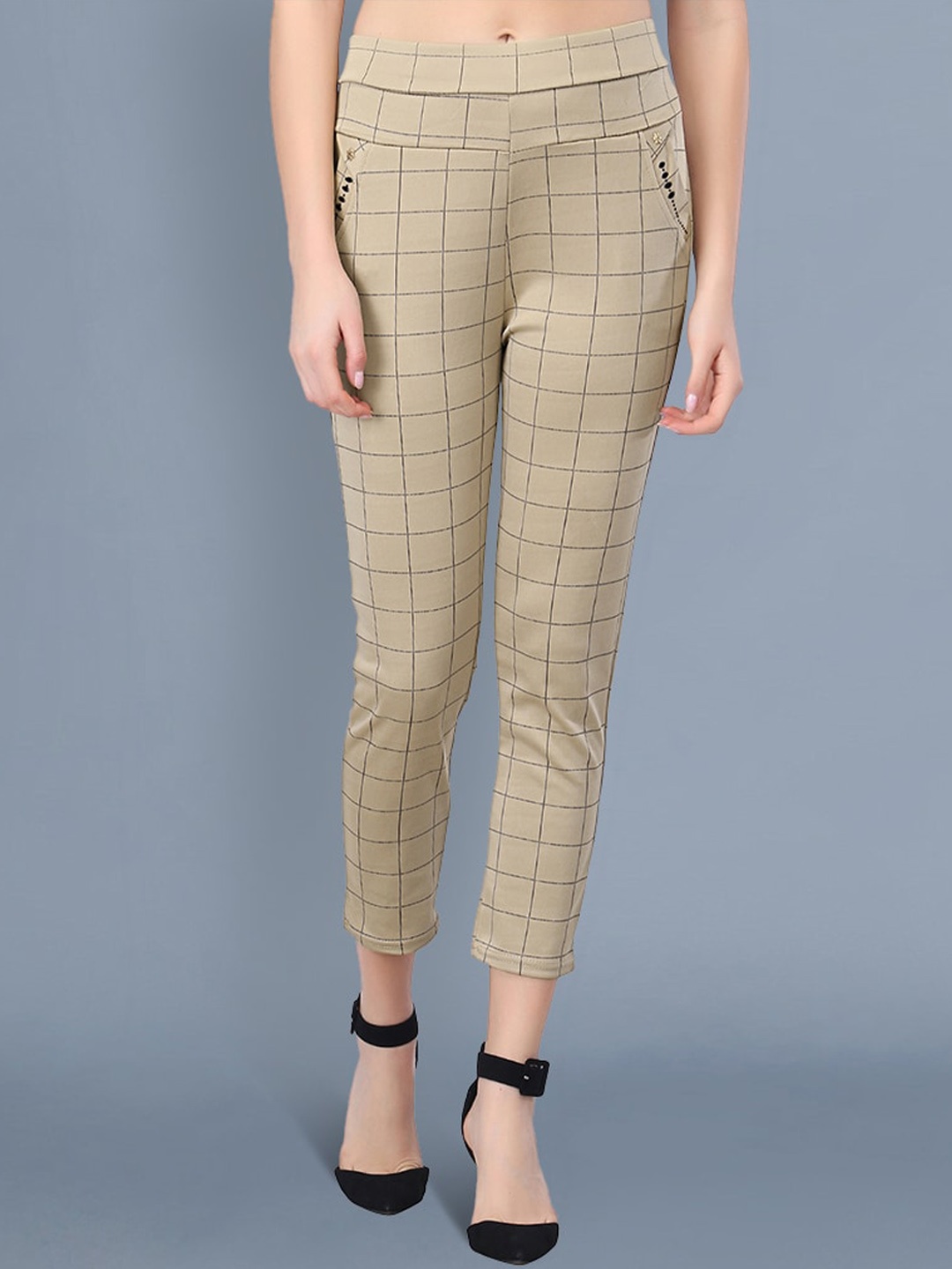 

BUY NEW TREND Women Beige Checked Comfort Slim Fit Trousers