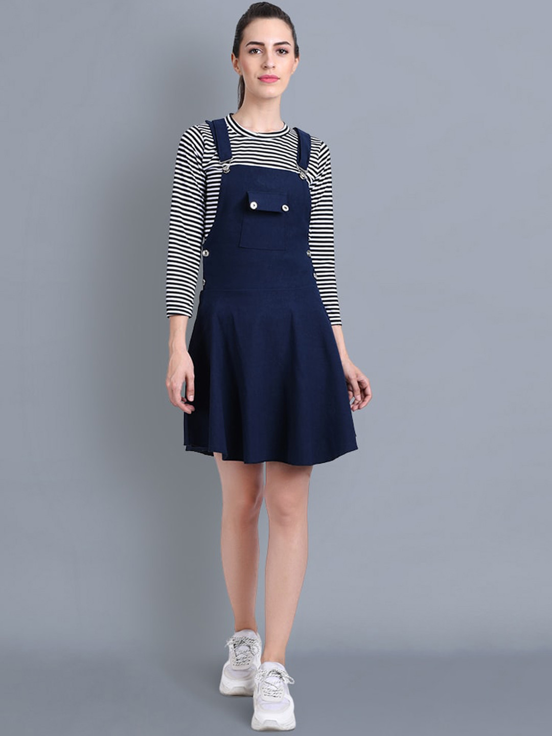 

BUY NEW TREND Women Navy Blue Solid Cotton Dungarees
