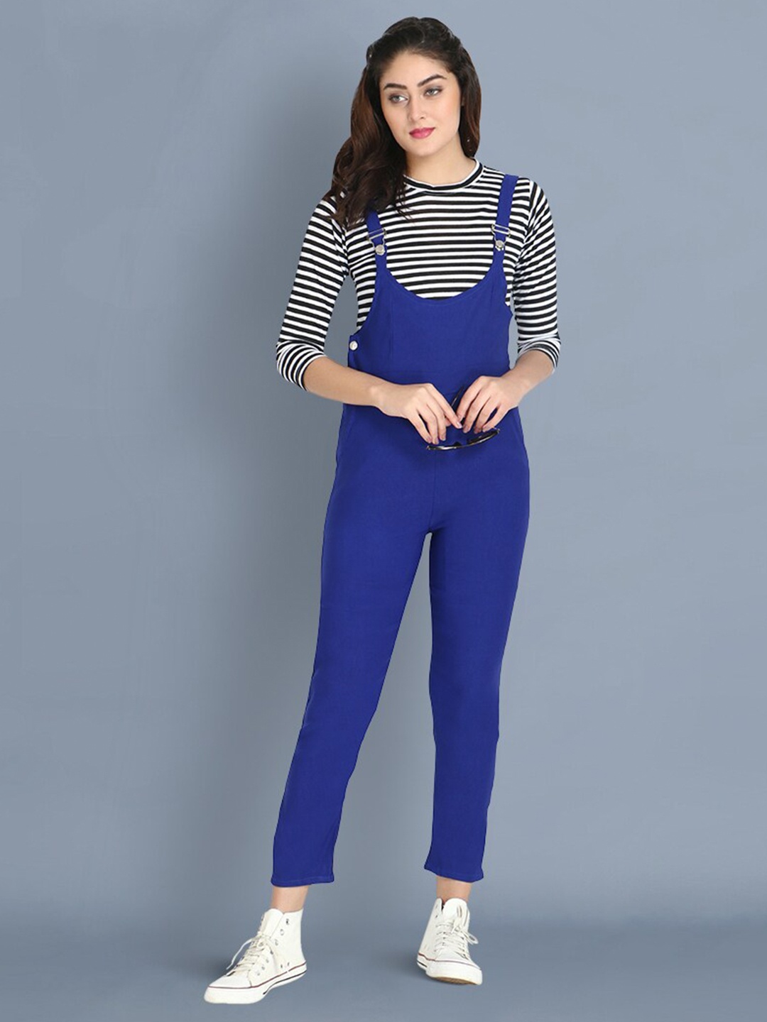 

BUY NEW TREND Women Blue & White Dungaree With Top