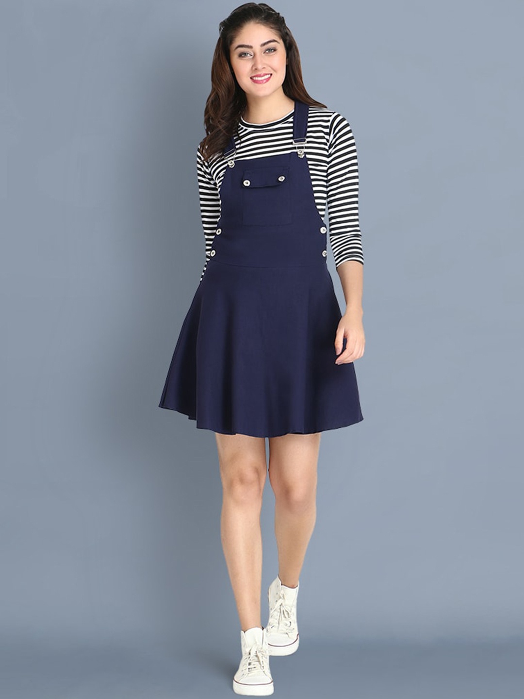 

BUY NEW TREND Women Navy Blue & White Solid Dungaree
