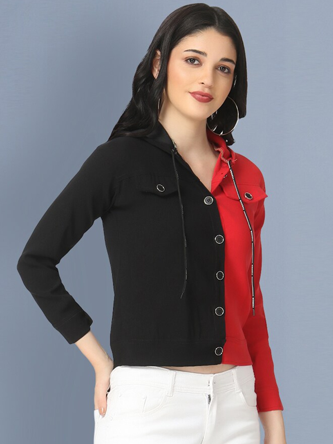 

BUY NEW TREND Women Red Black Colourblocked Lightweight Crop Open Front Jacket