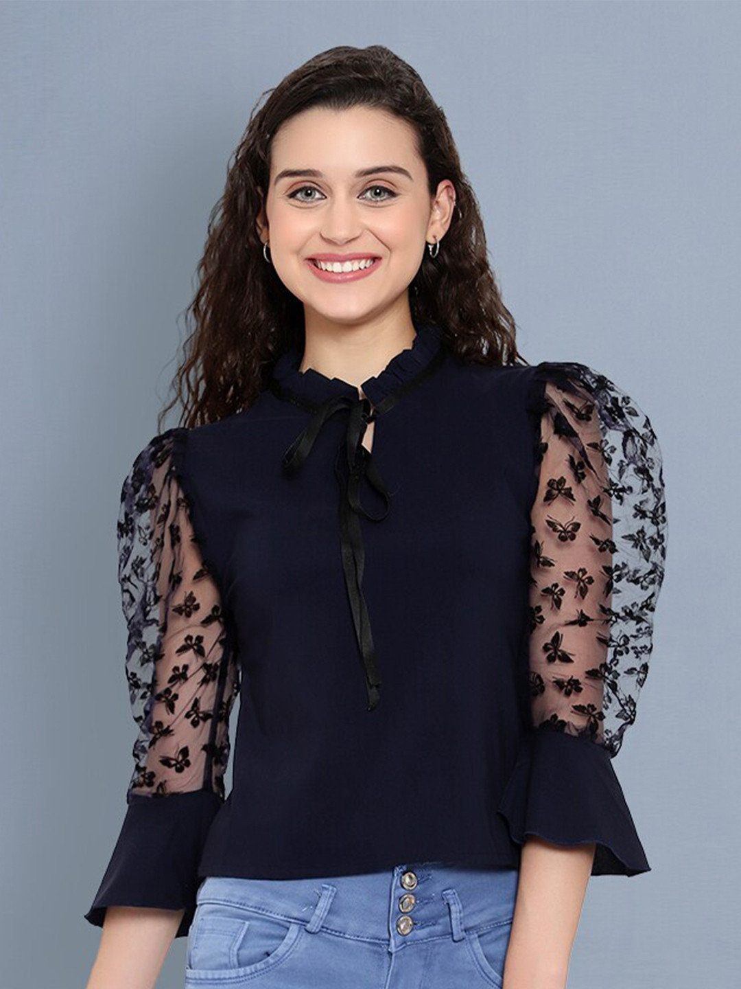 

BUY NEW TREND Navy Blue Mandarin Collar Lace Shirt Style Top