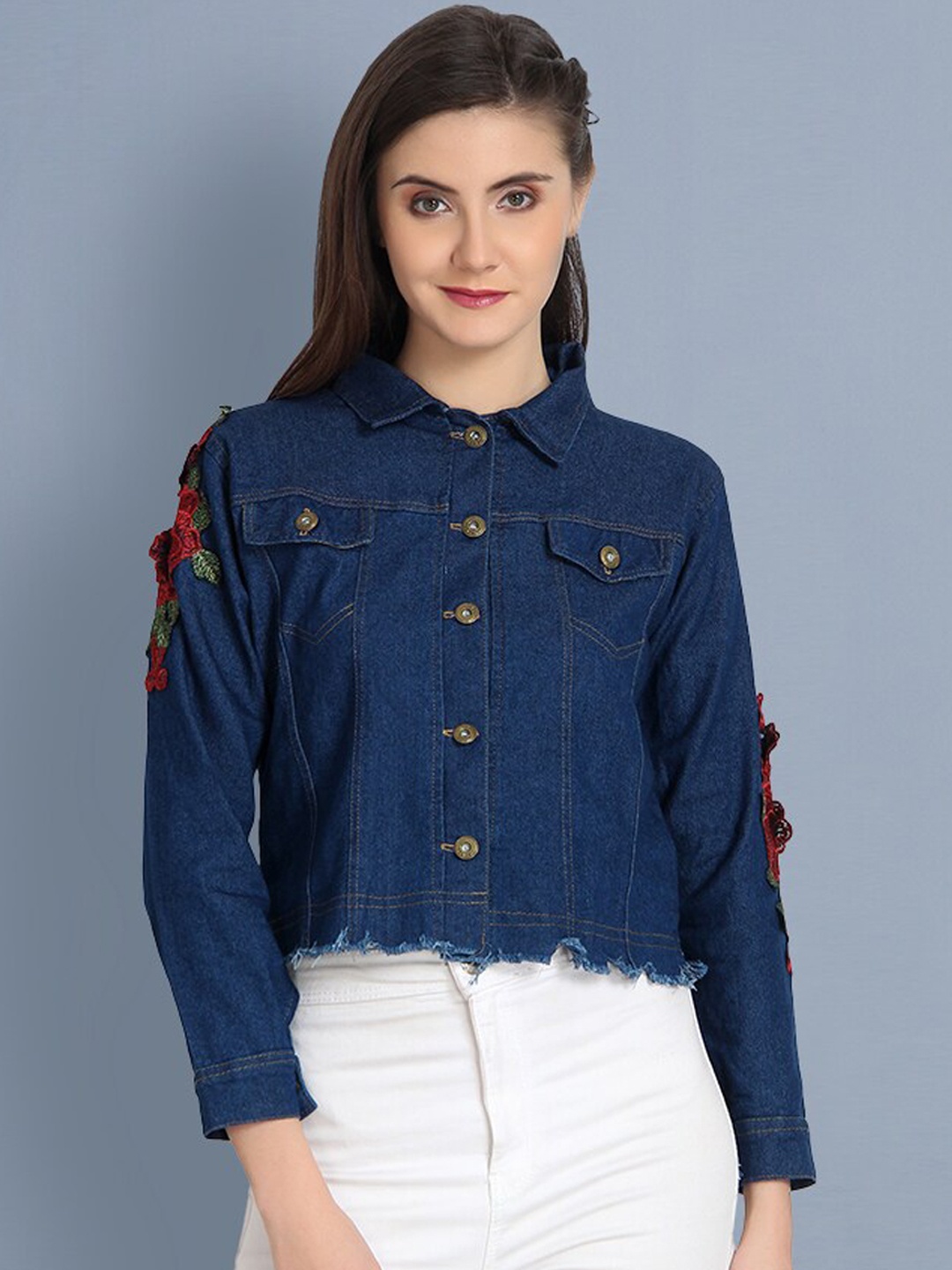 

BUY NEW TREND Women Blue Lightweight Crop Denim Jacket with Patchwork