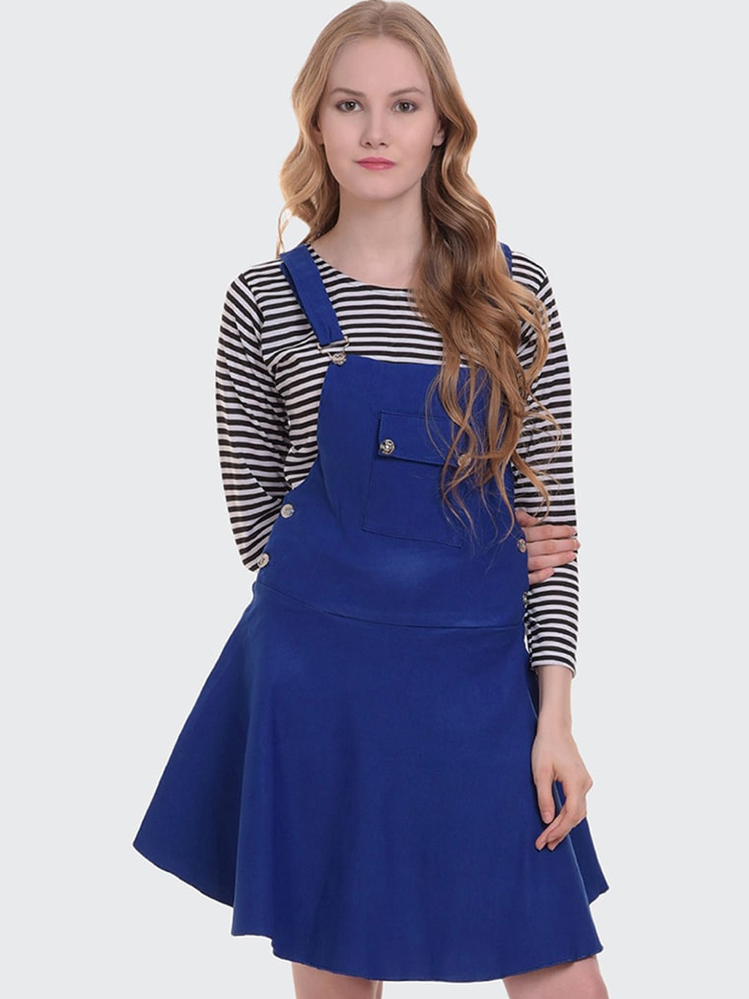 

BUY NEW TREND Women Blue and Black Striped Dungaree With T-Shirt