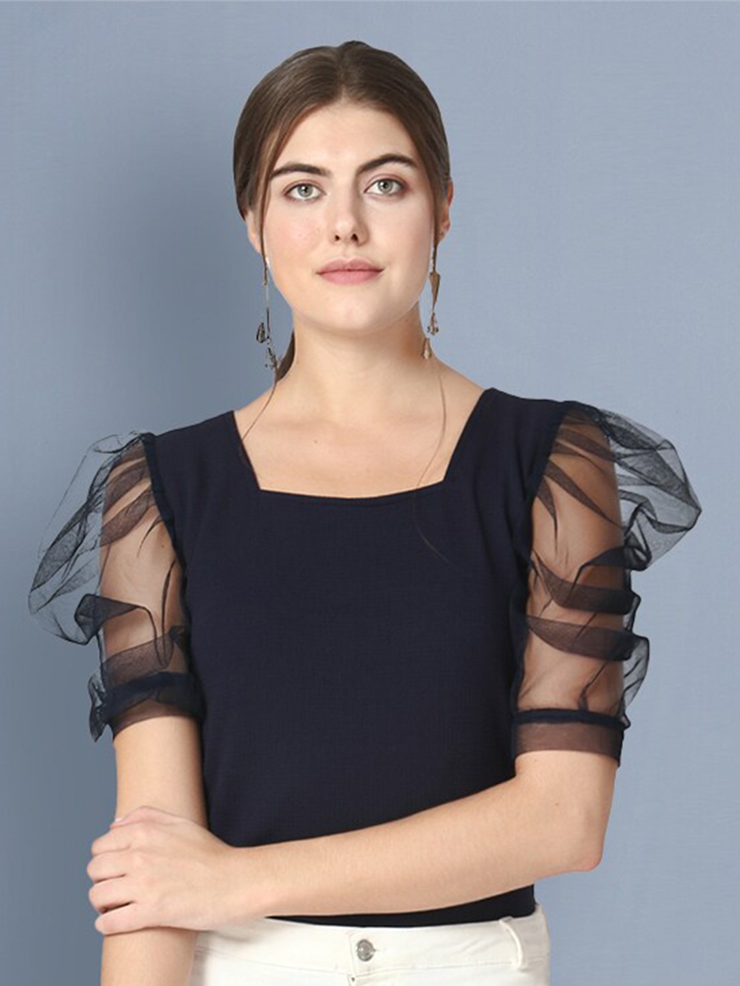 

BUY NEW TREND Navy Blue Puff Sleeves Lace Top