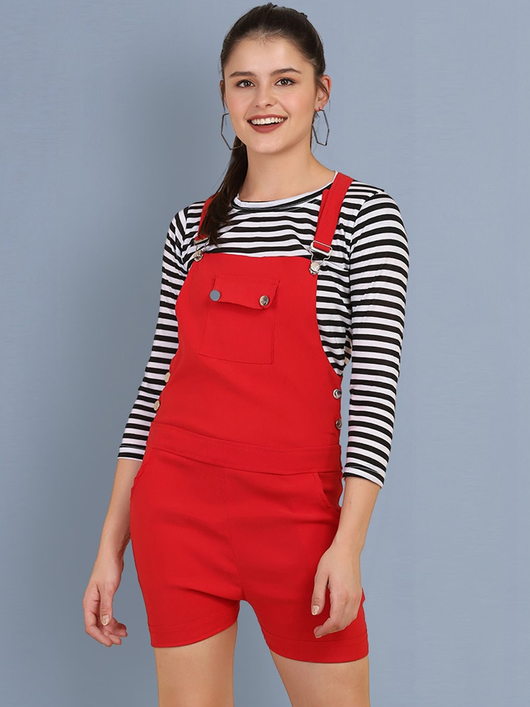 

BUY NEW TREND Women Red Solid Slim-Fit Dungarees With T-Shirt